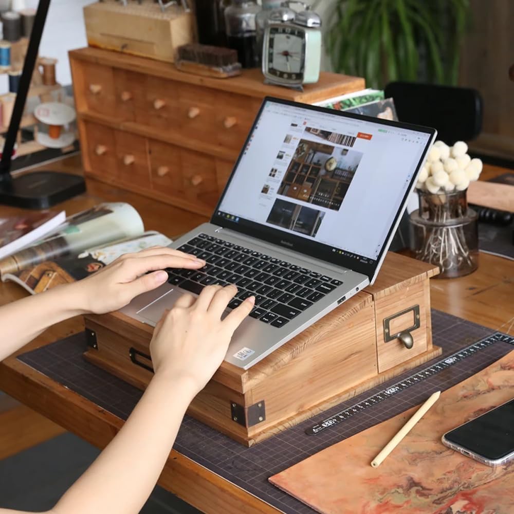 Natural Wood Finish Handmade Primitive Writing Lap Sloping Desk with Storage, Book Stand Desk Box, Mini Workbench
