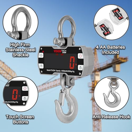 Digital Crane Scale, VTS-ES4 2200lb/1000kg Heavy Duty Compact Hanging Industrial Scale with Remote Control, Large LED Display, Smart Accuracy for Farm, Factory, Construction