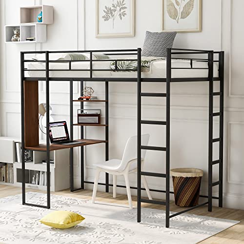Twin Size Loft Bed with Desk and 2 Shelves, Metal Loft Bed Frame with Full Length Safety Guard & Ladder, Space Saving Loft Beds for Kids, Teens, No Noise, No Box Spring Needed, Silver