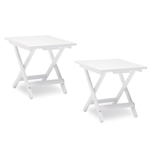 DJL Folding Side Table Outdoor, Small Portable Wooden Table for Patio Set of 2, White