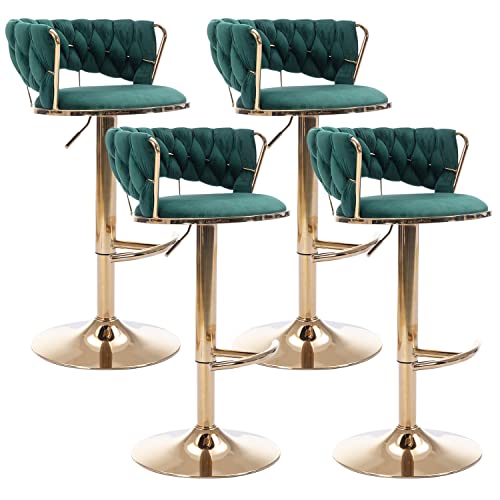 Kiztir Velvet Swivel Bar Stools Set of 2, Adjustable Counter Height Bar Chairs with Woven Back & Footrest, Luxury Gold Bar Stools for Kitchen Island, Cafe, Pub (Green)