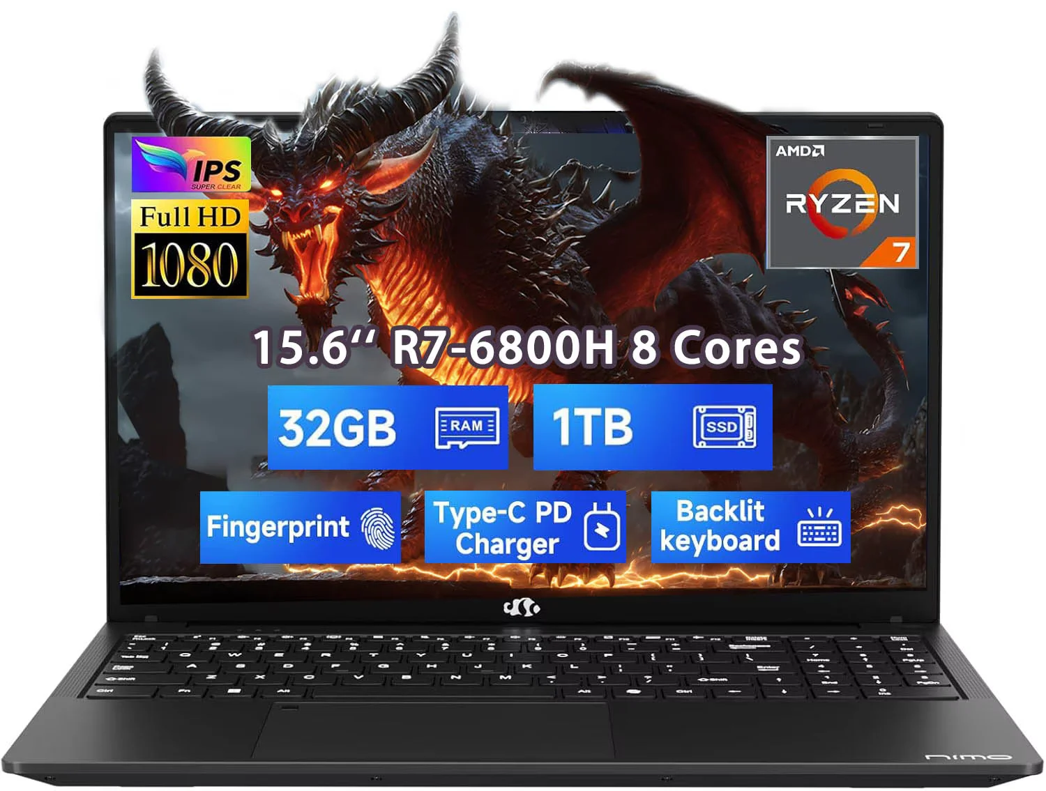 15.6" IPS FHD Gaming Laptop Computer 8 Cores AMD Ryzen 7 6800H (Up to 4.7GHz) 32GB DDR5 RAM 1TB SSD AMD Radeon 680M GPU-Computer 100W Type-C Backlit Keyboard Fingerprint Black