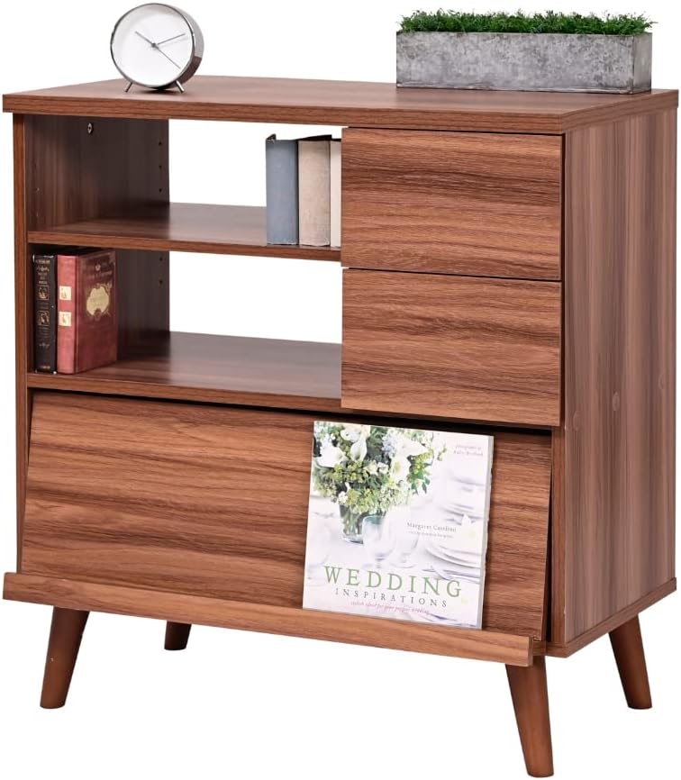 FMC-0006-BR Cabinet Nordic Display Rack Stylish Living Board High Type Living Chest Flap Sideboard White Brown Width 29.5 inches (75 cm)