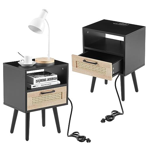 Rattan Coffee Table for Living Room, White Mordern Sofa Center Tables, Solid Wood Leg Rectangle Center Table Sliding Door for Storage Home Furniture