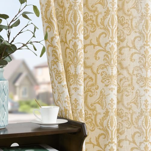 jinchan Linen Curtains for Living Room Sage Green Damask Patterned Curtains 96 Inches Long for Bedroom Light Filtering Vintage Curtains Baroque Style Drapes Grommet Window Treatments 2 Panels Set