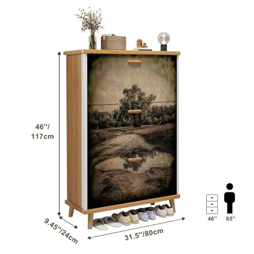 3 Drawer Shoe Cabinet, Artistic Shoe Cabinet, Birch Trees bark Birch Grove Autumn Wood Shoe Rack Organizer for Entryway Slim (31.5”W x 9.45”D 46”H)