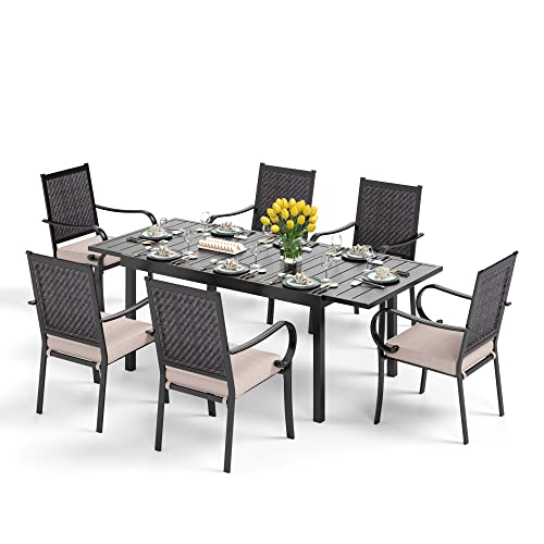 PHI VILLA 7 Piece Outdoor Dining Set for 6, Expandable Metal Dining Table, 4 Fixed and 2 Swivel Cushioned Wicker Chairs Combo for Patio, Deck, Yard