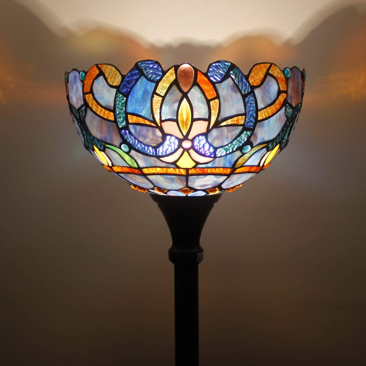 WERFACTORY Tiffany Floor Lamp Blue Purple Cloud Stained Glass Light 12X12X66 Inches Pole Torchiere Standing Corner Torch Uplight Decor Bedroom Living Room Home Office S558 Series