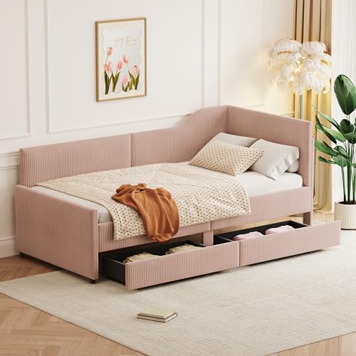 Merax Twin Size Corduroy Daybed, Upholstered Day Bed Frame with 2 Large Storage Drawers, L-Shaped Sapce Saving Corner Sofabed for Kids, Teens & Adults, Wood Slat Support, Beige