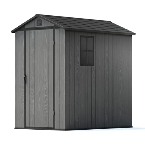 Patiowell 4' x 6' Outdoor Storage Shed with Floor, Plastic Shed Outside Resin Tool Shed with Window and Lockable Door for Backyard Garden Patio Lawn, Gray (Fit-it Shed)
