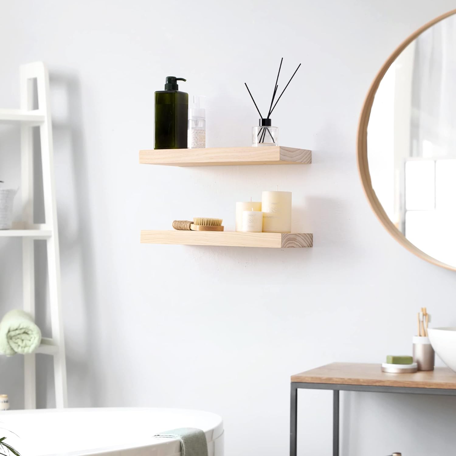 Fun Memories Wood Floating Shelves 16 inch, Farmhouse Rustic Wooden Shelves Wall Mounted, Solid Pine Wood Storage Shelf for Kitchen, Living Room, Bathroom, Set of 2 - No Stain - DIY