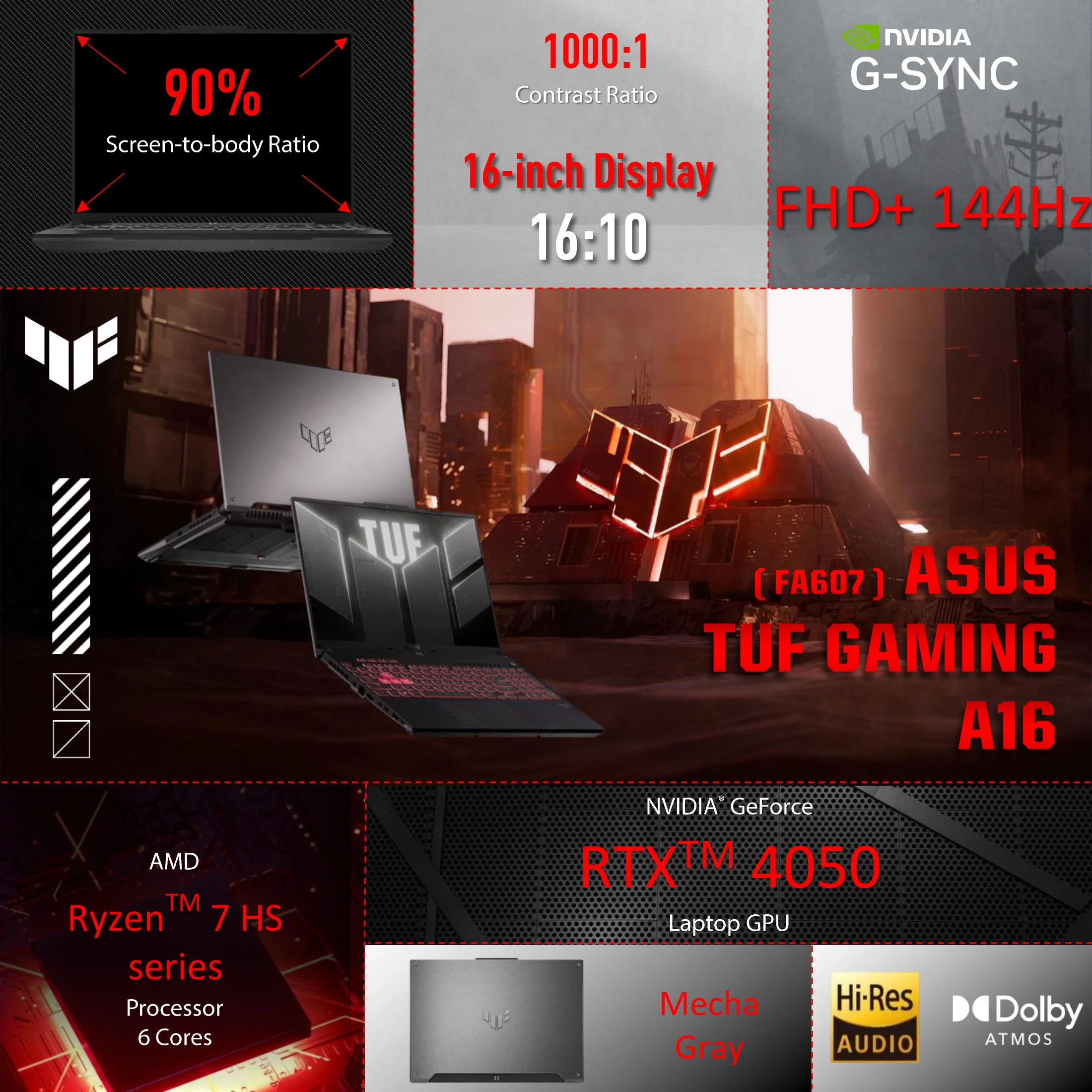 ASUS TUF Gaming A16 Gaming Laptop, 16” WUXGA 144Hz, AMD Ryzen 7 7445HS, NVIDIA GeForce RTX 4050, 16GB DDR5, 512GB PCIe SSD Mecha Gray - 3 Months of Microsoft 365 Personal included