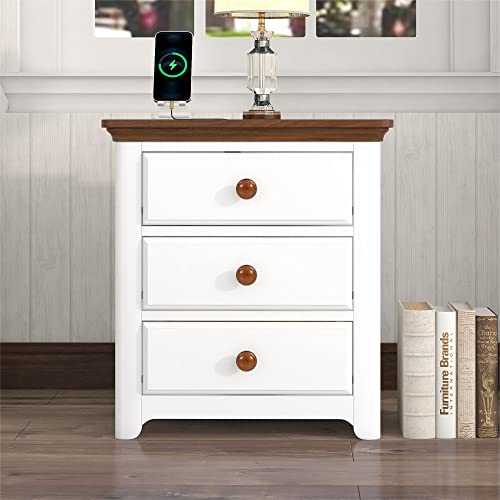 White Nightstand Set of 2 with Charging Station, Modern Night Stands with USB Ports and Outlets, End Table Bedroom with 3 Drawers, Wooden Storage Bedside Tables for Bedroom, Living Room
