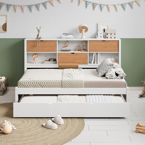 Twin Size Daybed Frame, L-Shaped Bed with Trundle and Bookcase, Corner Bed Wooden Captain Bed with Led Downlight and USB Port for Small Room Bedroom Guest Room, No Box Spring Needed, Walnut and White
