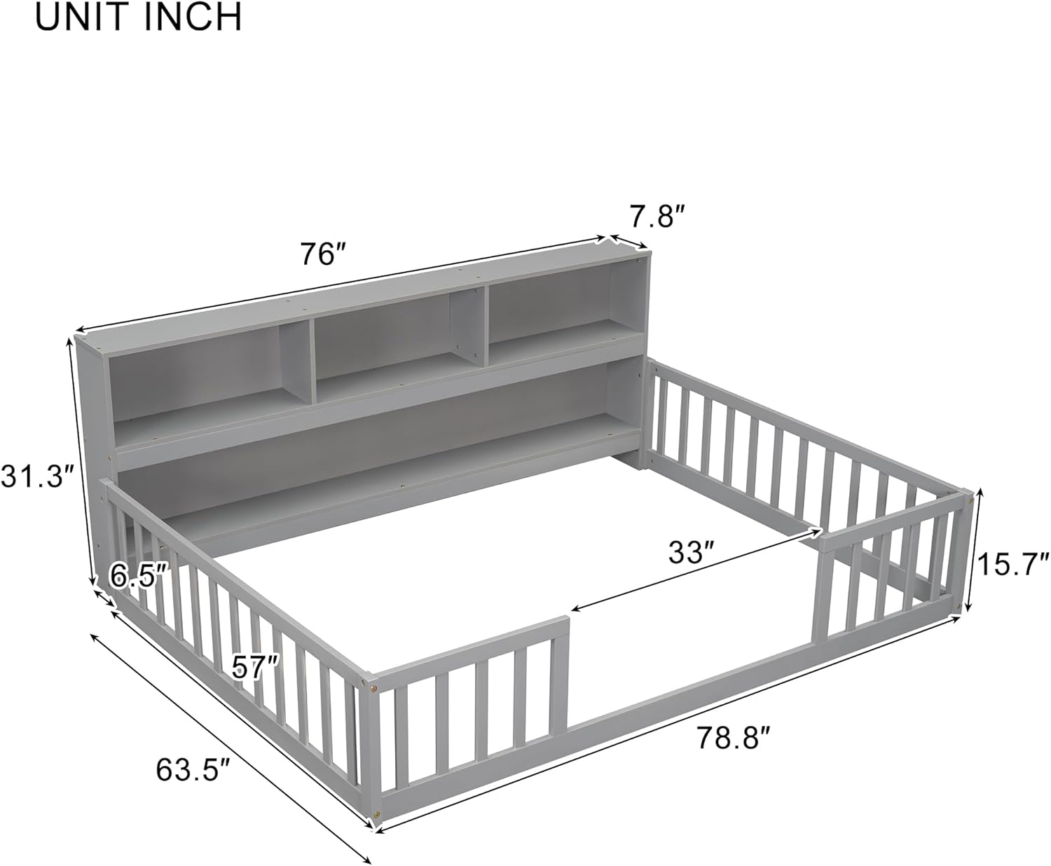 Harper & Bright Designs Full Size Floor Bed with Rails, Wooden Full Montessori Floor Bed with Bookcase and Shelves, Kids Full Size Bed Frame for Boys,Girls, Gray