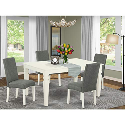 East West Furniture WEDR7-LWH-07 7 Piece Set Consist of a Rectangle Dining Room Table with Butterfly Leaf and 6 Gray Fabric Upholstered Parson Chairs, 42x60 Inch, Linen White