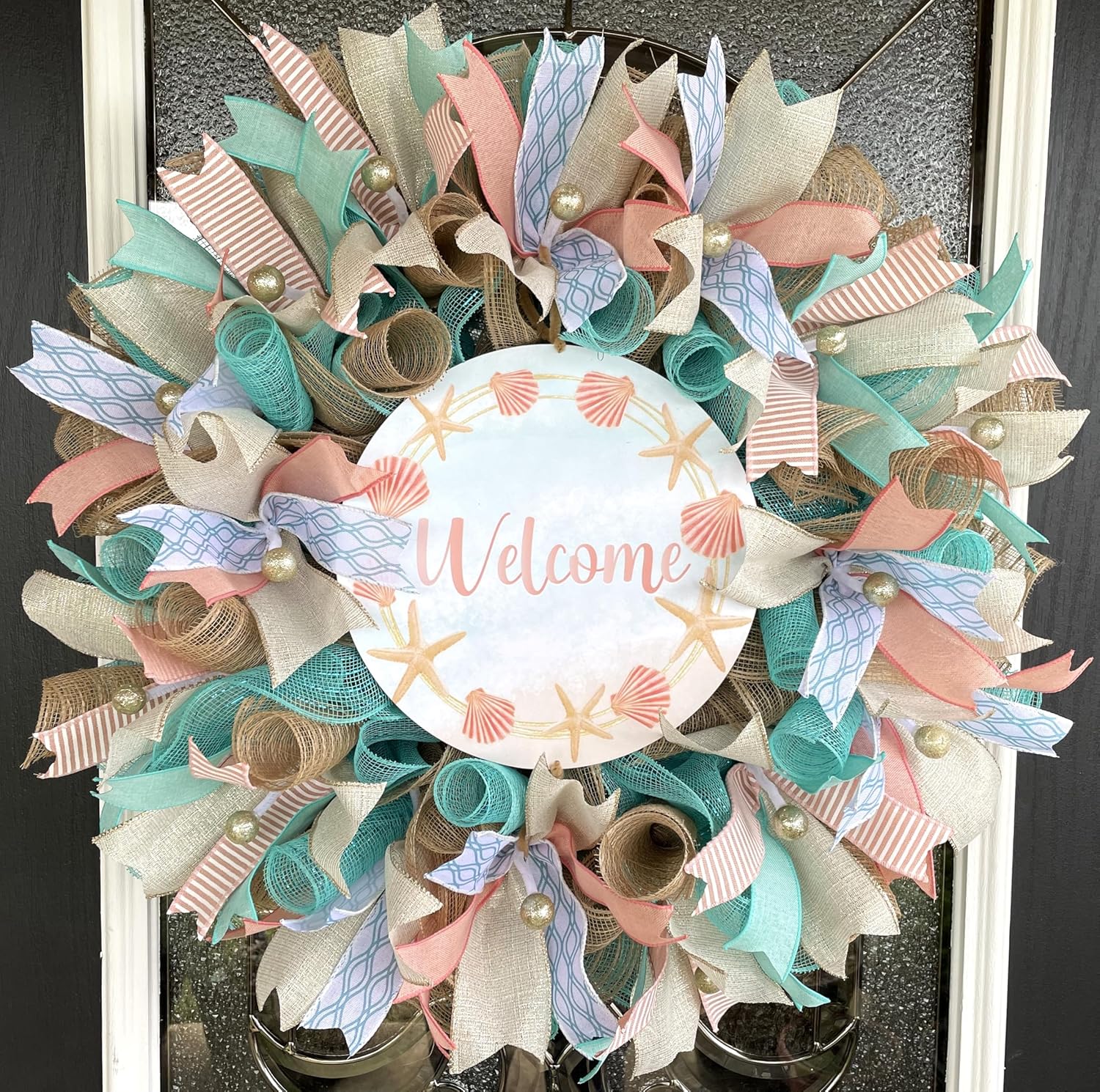 Lovely Beach Welcome, Aqua, Coral, Cream & Gold Spring Summer Deco Mesh Wreath, Front Door Wall Entryway, Patio Porch Garden, Living Room Bedroom Wall Decoration, Handmade Handcrafted