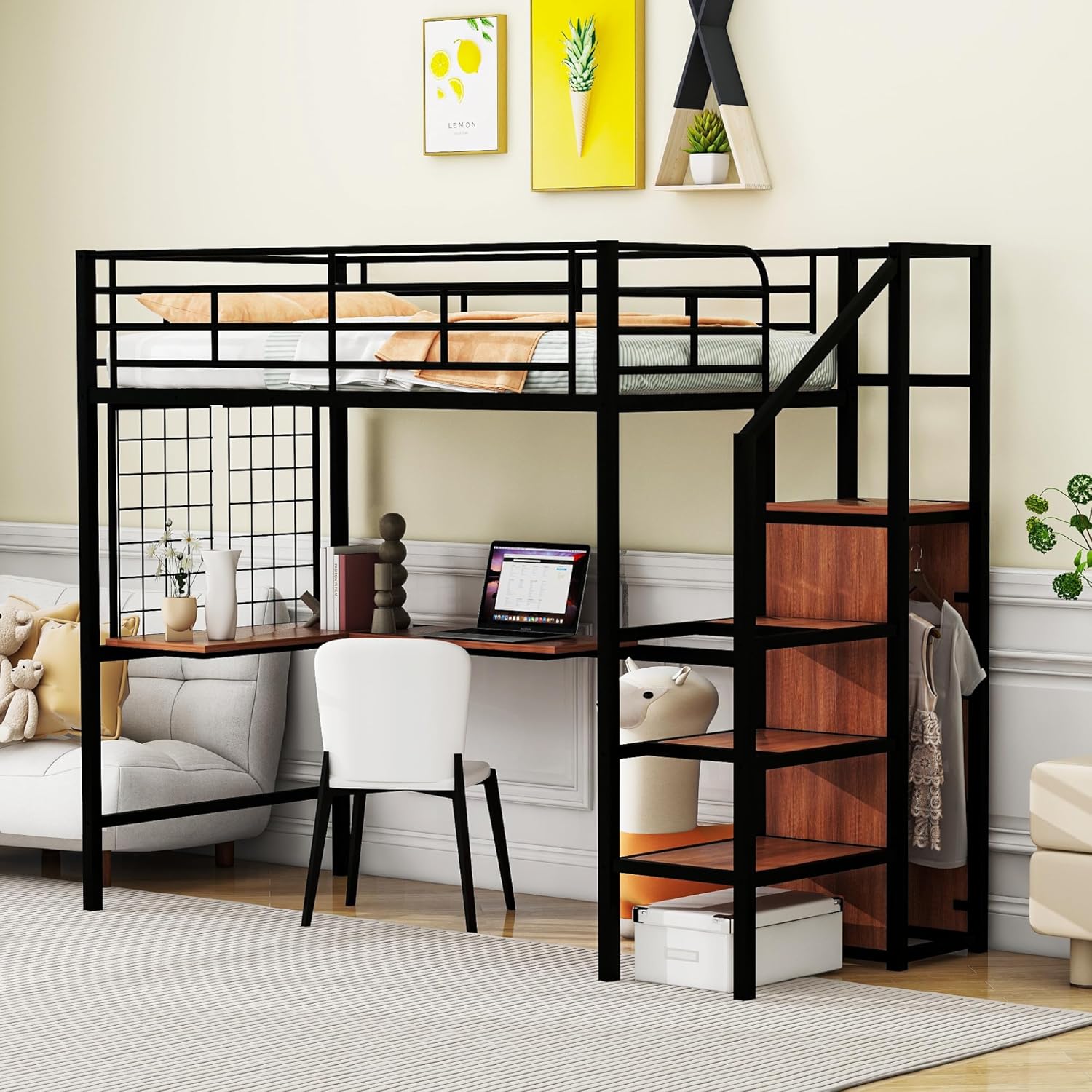 Twin Size Metal Loft Bed with Desk, Metal Grid, Lateral Storage Ladder, Wardrobe, Black - Modern and Practical Space-Saving Bed, 94x40.90x67.90 in.