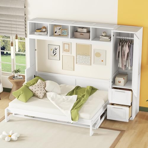 Queen Size Murphy Bed Wall Bed with Closet and Drawers, Wood Murphy Bed Wall Bed Folding Wall Bed with Storage Cabinet for Home Office or Small Room, White