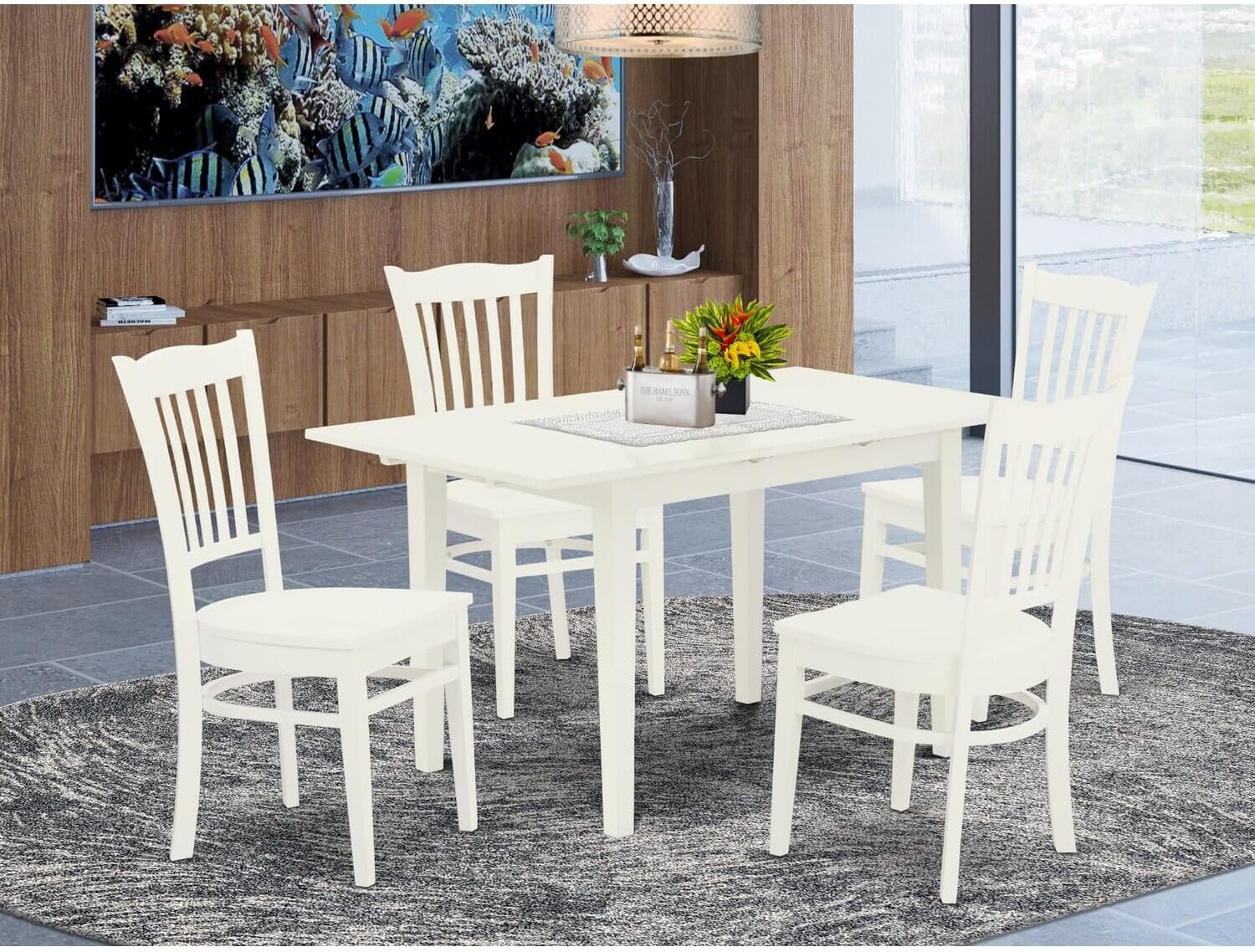 Beachy Boho 5-Piece Wood Dinette Set 4 Modern Dining Chairs with Slatted Back and Wooden Seat and Butterfly Leaf Dining Table with Rectangular Top and 4 Legs- Linen White Finish