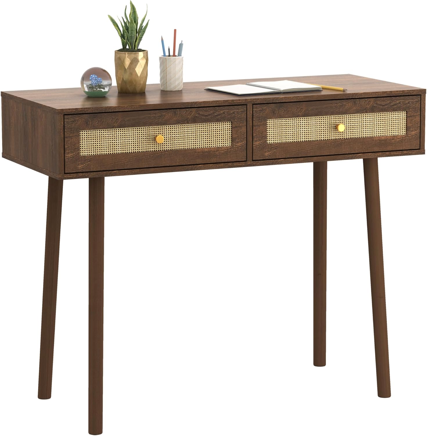 Bohemian Table, 2 Natural Rattan drawers in Walnut