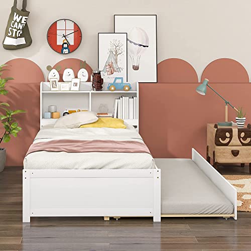 Harper & Bright Designs Full Bed with Trundle, Full Trundle Bed with Bookcase Headboard, Wood Full Size Platform Bed with Twin Trundle Bed Under for Kids Girls Boys, White