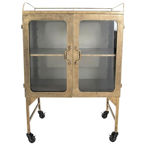 Creative Co-Op Vintage Metal Bar Cabinet with Glass Doors and Wheels, Antique Brass