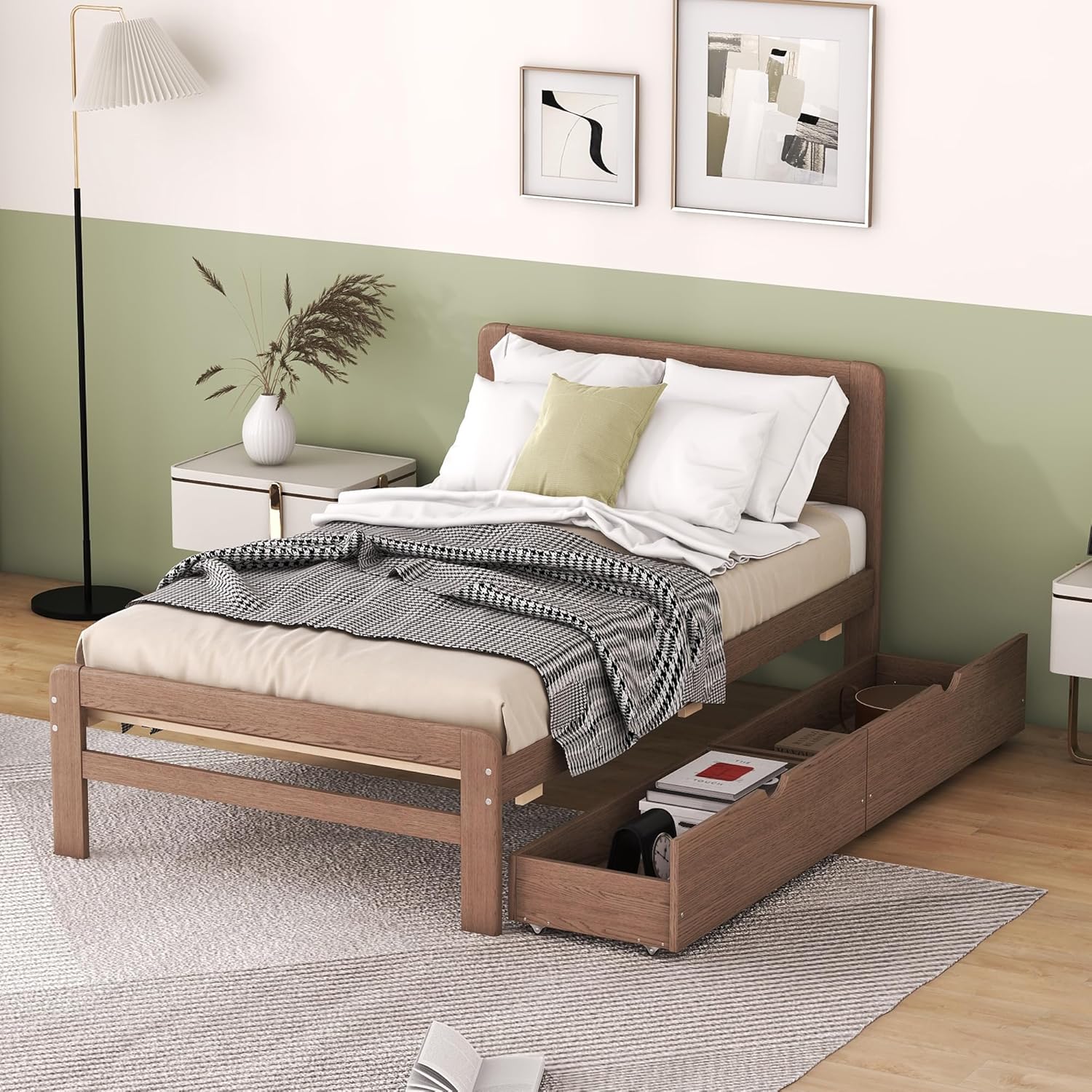 Platform Bed Twin Size Storage with 2 Storage Drawers Under Bed, Solid Wood Daybed with Headboard for Kids Teen Boys Grils, Space-Saving, No Box Spring Needed