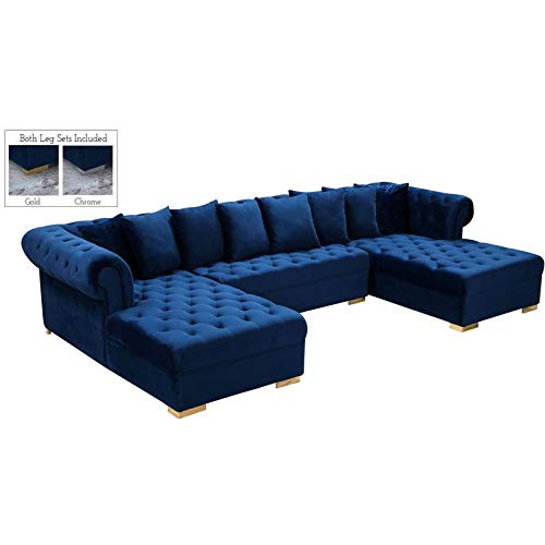 Meridian Furniture Presley Collection Modern | Contemporary Velvet Upholstered 3 Piece Sectional in Gold or Chrome Finish, Pillows Included, 134