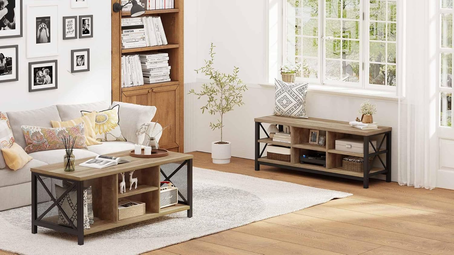 FATORRI Industrial Coffee Table and Shoe Bench for Living Room (Rustic Oak)