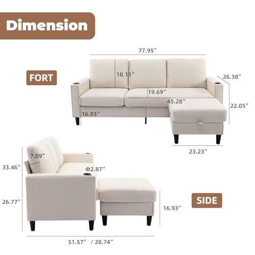 Convertible Sectional Sofa Couch for Living Room, L shaped 3 Seats Couches with Storage Chaise & 2 Cup Holders, Small Sofas for Apartment, Office, Compact Places, Beige