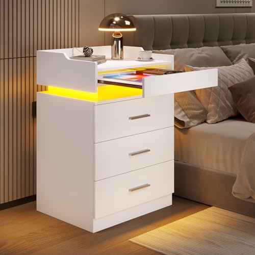LED Nightstand with Charging Station,Night Stand with Pull-out Shelf,Bedside Table with Drawers,Modern End Table Side Table Storage Cabniet,White