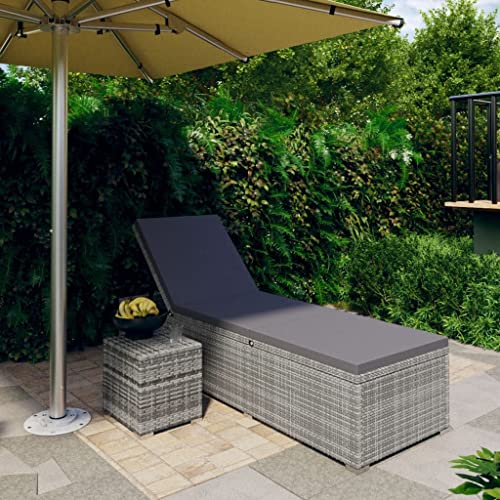 Sun Lounger with Cushion and Tea Table Poly Rattan Gray,Outdoor Sun Lounger with Adjustable Backrest and Cushioned Seat for Patio, Poolside, and Campsite Relaxation Outdoor Furniture, Outdoor Seating