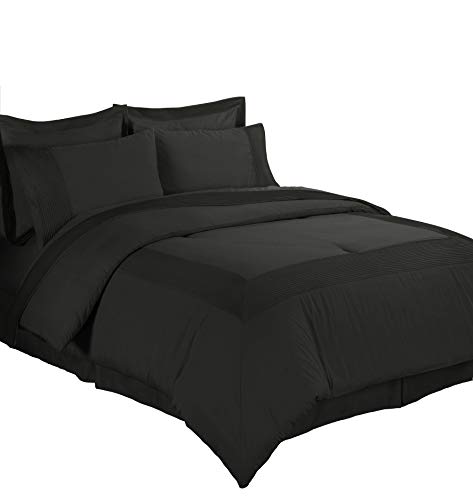 Chezmoi Collection 8-piece Pleated Hem Solid Color Comforter Set Bed-in-a-bag (Black, California King)