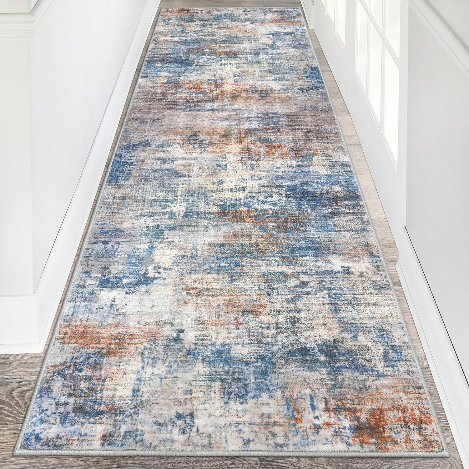 IOHOUZE Abstract Runner Rug 3x8 Ft Washable Runners for Hallways, Non Slip Kitchen Runner Soft Faux Wool Entryway Rug Runner Indoor, Modern Abstract Floor Carpet for Hall Bedroom, Blue Rust