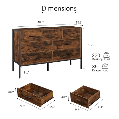 Wood Dresser with 7 Drawers, 7 Wood Storage Dressers & Chests of Drawers with Sturdy Steel Frame, 48 inch Wooden Storage Closet for Bedroom, Rustic Brown
