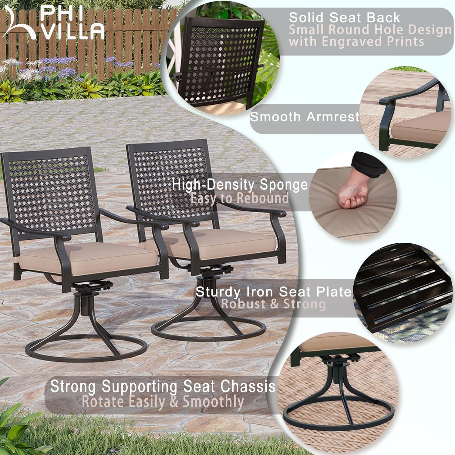 PHI VILLA Patio Swivel Dining Chairs Set of 4, Outdoor Kitchen Garden Metal Chair with Cushions, Patio Furniture Chair with Armrest, Black Frame