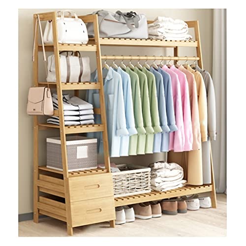 Clothes Rail Rack Standing Coat Rack Bamboo Clothes Rack Freestanding Closet Organizer With 2 Drawers And A Hanging Rob, Extra 5 Clothing Storage Shelving (Color : Khaki, Size : 90 * 40 * 14