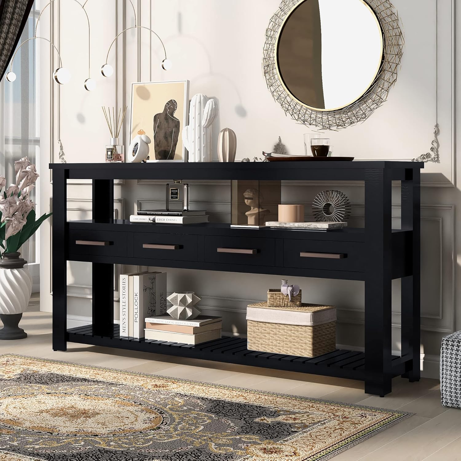 62.2 Inch Modern Console 4 Drawers and 2 Open Shelf, Solid Wood Multifunction Vintage Sofa Table for Entryway, Hallway, Living Room, Foyer, Corridor, Black