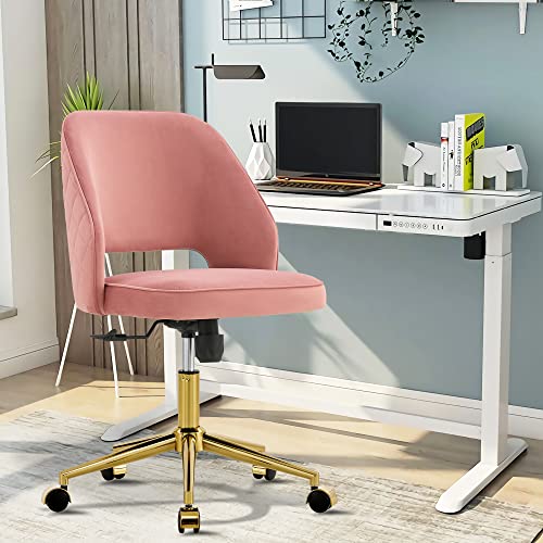 HomVent Furry Cute Office Desk Chair, Modern Faux Fur Desk Chair,Faux Fur Makeup Vanity Chair with Wheels & Gold Base,Adjustable Swivel Ergonomic Office Chair for Girl Women Vanity Bedroom Study Black