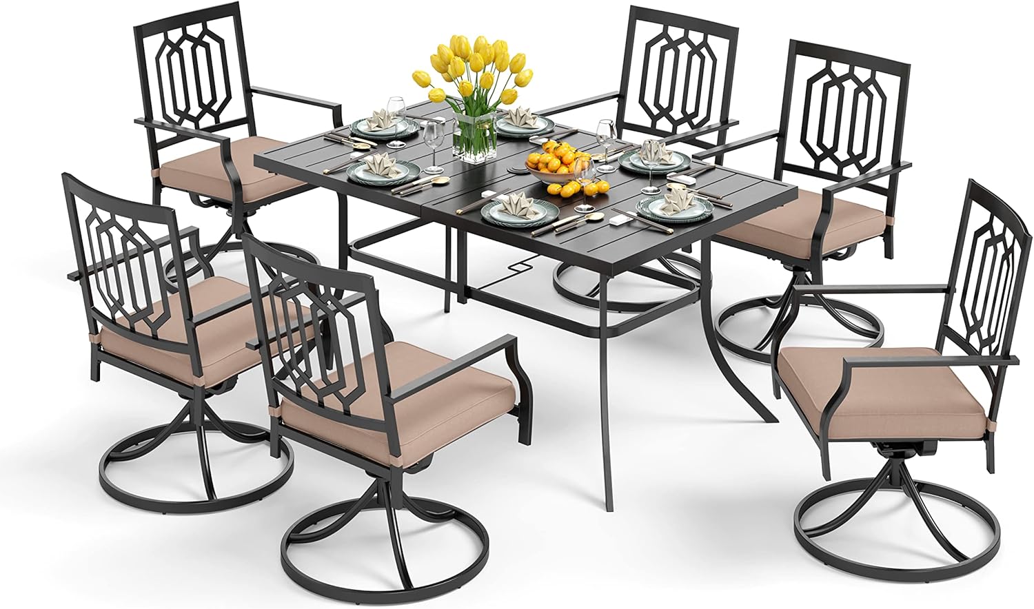 PHI VILLA Patio Dining Set 7 Pcs 1 Metal Umbrella Hole Table and 6 Swivel Chairs Support 300 lbs for Outdoor Backyard Bistro Furniture Set with Cushion