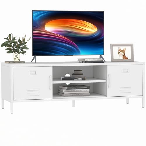 TV Stand for 55 60 inch TV, Glass Door Metal TV Cabinet Modern Mid Century Entertainment Center with Storage, TV Industrial Media Console Table 2 Cabinet for Living Room, Bedroom (White)