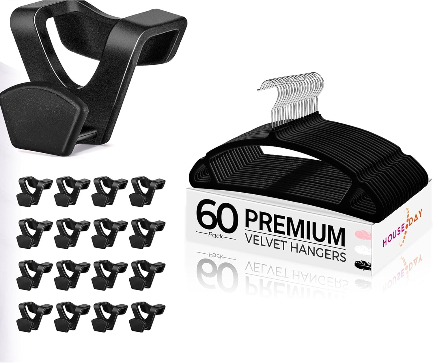 HOUSE DAY Black Clothes Hanger Connector Hooks 60 Pack, Good College Dorm Essentials, Luxury Black Velvet Hangers 60 Pack, Premium Closet Organizers and Storage