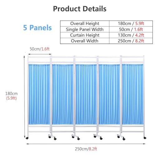 5 Panels Folding Privacy Screens - Freestanding Portable Partition - Room Dividers Wall with Lockable Wheels- 5.9ft Tall Wall Divider and Separator for Commercial, Home Use (Color : Blue, Size : 5 p