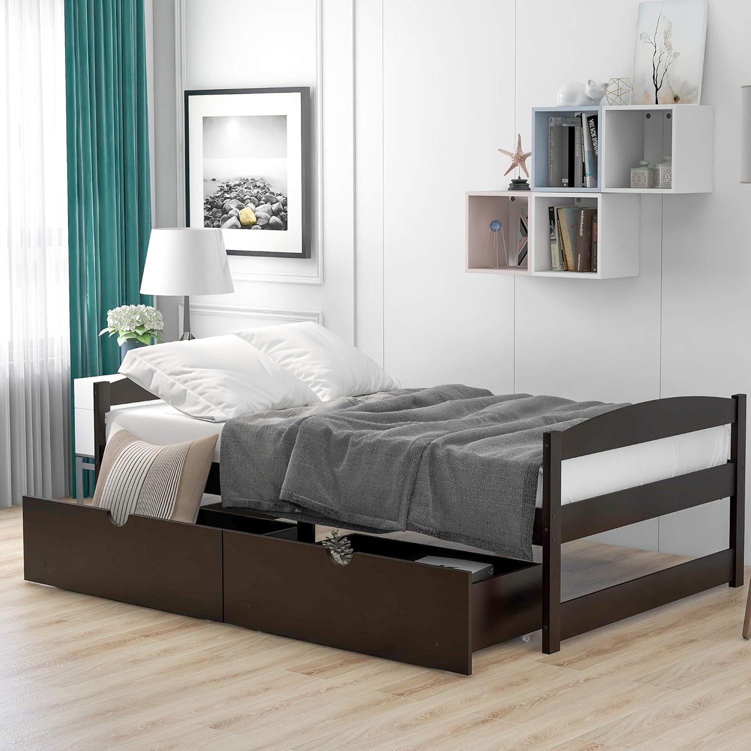 Twin Size Platform Bed with Two Drawers for Space-Saving Bedroom Storage and Elegant Design