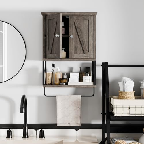 Shintenchi Wall Bathroom Cabinet, Medicine Cabinet with Removable Towel Bar, Wall Mounted Storage Cabinet with Adjustable Shelf, 3-Tier Small Toilet Cabinet, Gray