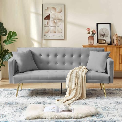Velvet Futon Sofa Couch with Metal Foot Recliner, 70''W Adjustable Loveseat Sofa Bed for Living Room, Bedroom (Grey)