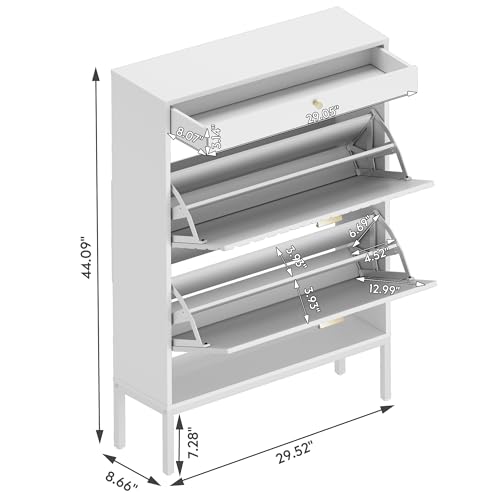 XIAO WEI Shoe Cabinet, Shoe Storage Organizer Cabinet with 2 Flip Wavy Line Drawers, Freestanding Shoe Rack with Adjustable Shelf for Entryway(White)