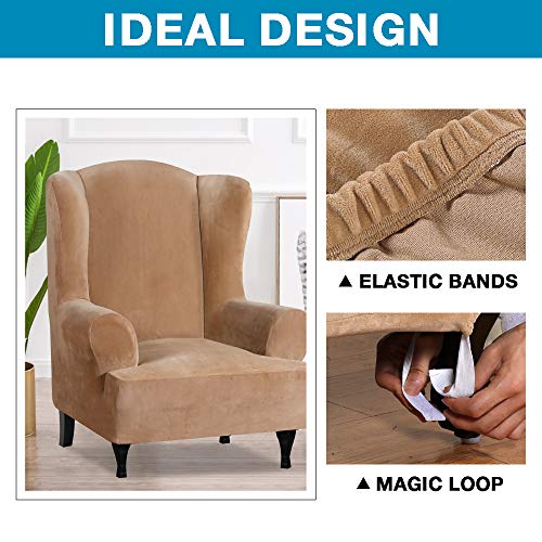 Velvet Plush Stretch Wingback Chair Covers Wing Chair Slipcover Wing Chair Covera Furniture Covers for Wingback Chairs Living Room, Feature Soft Thick Smooth Fabric Machine Washable, Sand