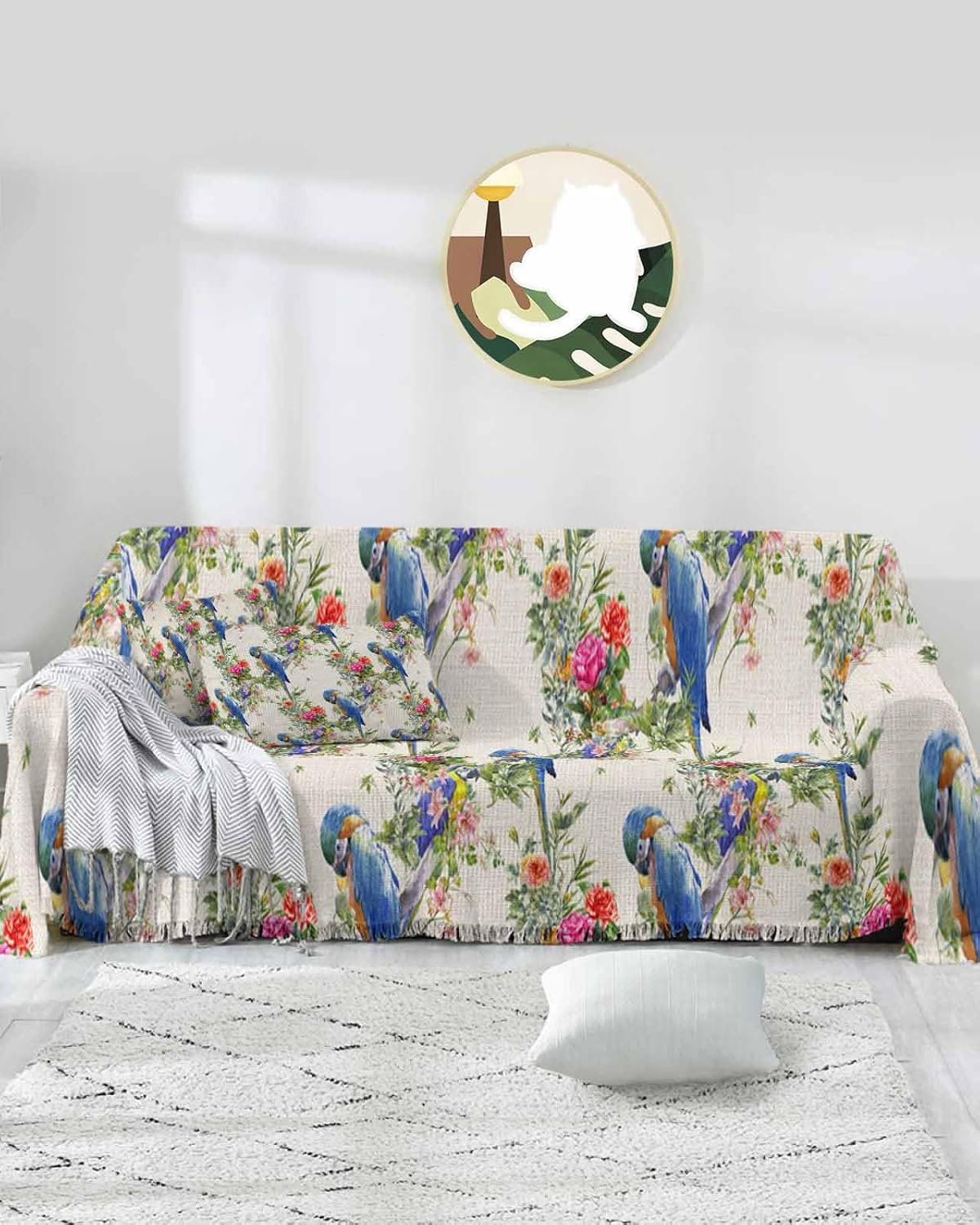 Blue Birds Cover Couch Covers for 3-4 Cushion Couch Throw Couch Cover with Tassel Soft Slipcover Vintage Spring Watercoloor Pink Red Floral on Burlap Couch Furniture Protector for Dog Pet 71